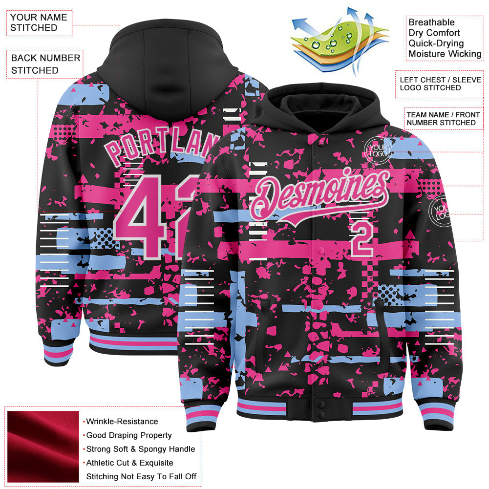 Custom Black Pink Light Blue-White Abstract Fragment Shape Bomber Full-Snap Varsity Letterman Hoodie Jacket view 4