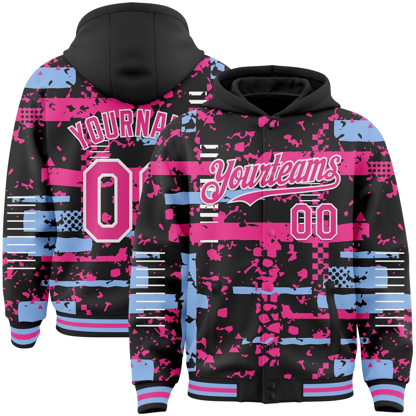 Custom Black Pink Light Blue-White Abstract Fragment Shape Bomber Full-Snap Varsity Letterman Hoodie Jacket - Main View