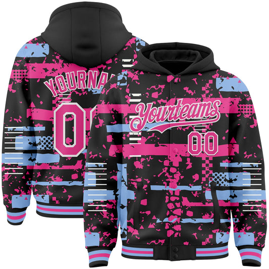 Custom Black Pink Light Blue-White Abstract Fragment Shape Bomber Full-Snap Varsity Letterman Hoodie Jacket - Main View