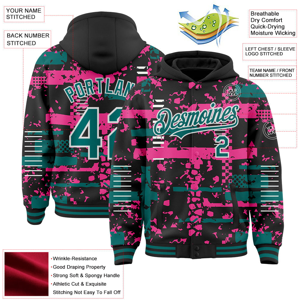 Custom Black Teal Pink-White Abstract Fragment Shape Bomber Full-Snap Varsity Letterman Hoodie Jacket view 4