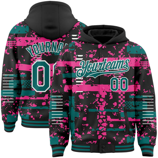 Custom Black Teal Pink-White Abstract Fragment Shape Bomber Full-Snap Varsity Letterman Hoodie Jacket - Main View