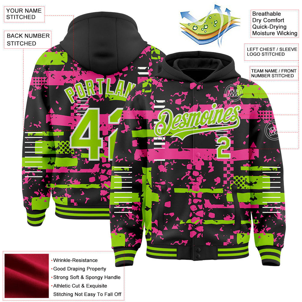 Custom Black Neon Green Pink-White Abstract Fragment Shape Bomber Full-Snap Varsity Letterman Hoodie Jacket view 4