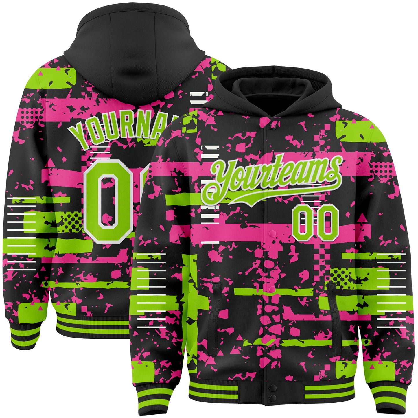 Custom Black Neon Green Pink-White Abstract Fragment Shape Bomber Full-Snap Varsity Letterman Hoodie Jacket - Main View