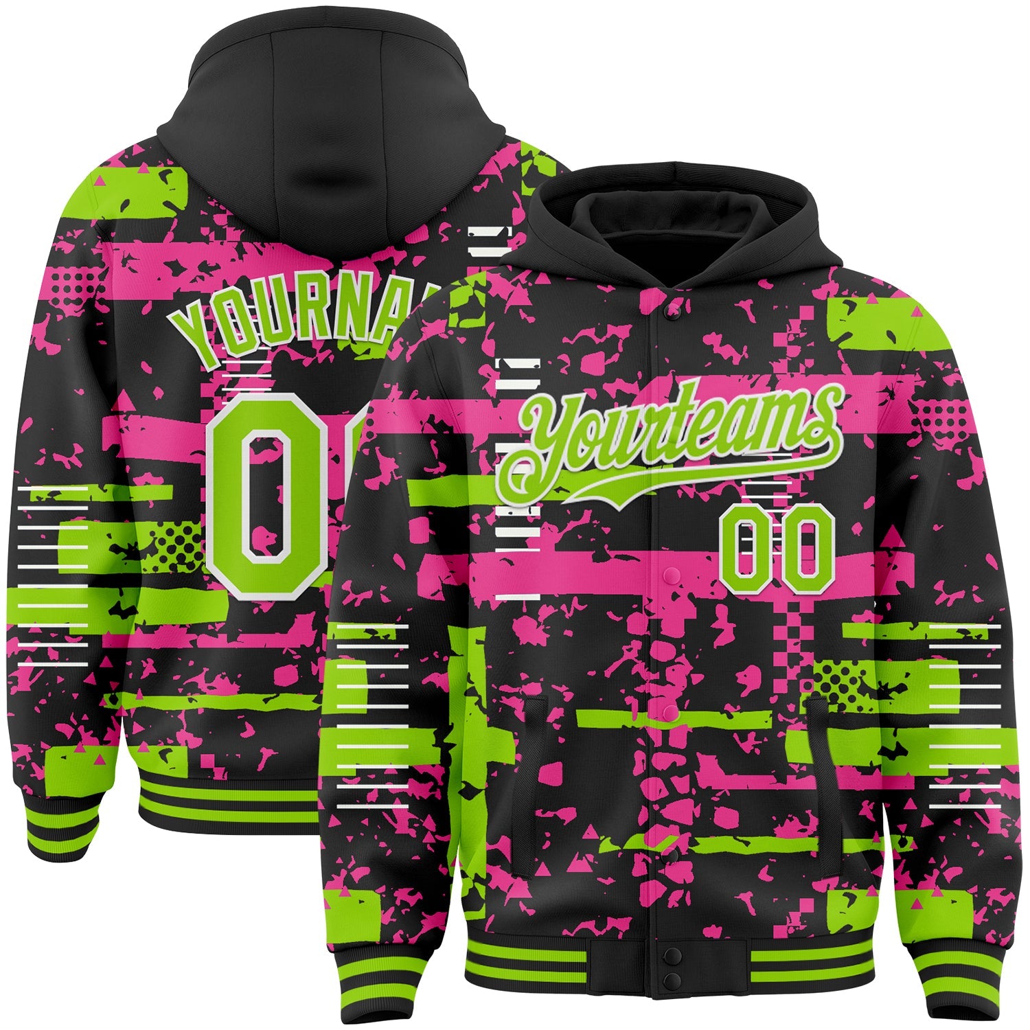 Custom Black Neon Green Pink-White Abstract Fragment Shape Bomber Full-Snap Varsity Letterman Hoodie Jacket - Main View