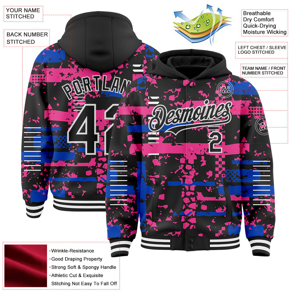 Custom Black Thunder Blue Pink-White Abstract Fragment Shape Bomber Full-Snap Varsity Letterman Hoodie Jacket view 4