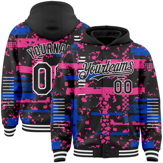 Custom Black Thunder Blue Pink-White Abstract Fragment Shape Bomber Full-Snap Varsity Letterman Hoodie Jacket - Main View