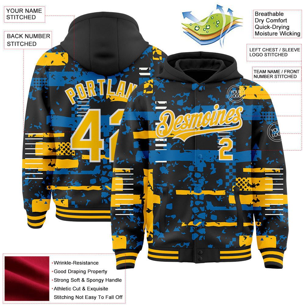 Custom Black Gold Blue-White Abstract Fragment Shape Bomber Full-Snap Varsity Letterman Hoodie Jacket view 4