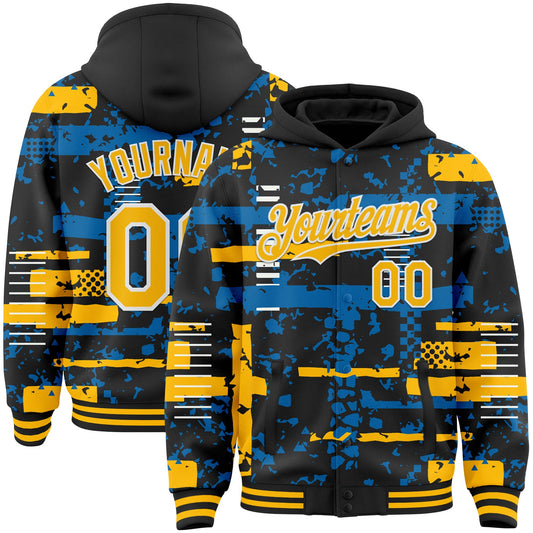 Custom Black Gold Blue-White Abstract Fragment Shape Bomber Full-Snap Varsity Letterman Hoodie Jacket - Main View