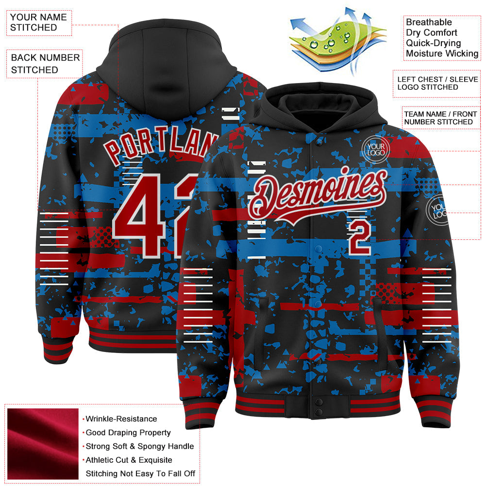 Custom Black Red Blue-White Abstract Fragment Shape Bomber Full-Snap Varsity Letterman Hoodie Jacket view 4