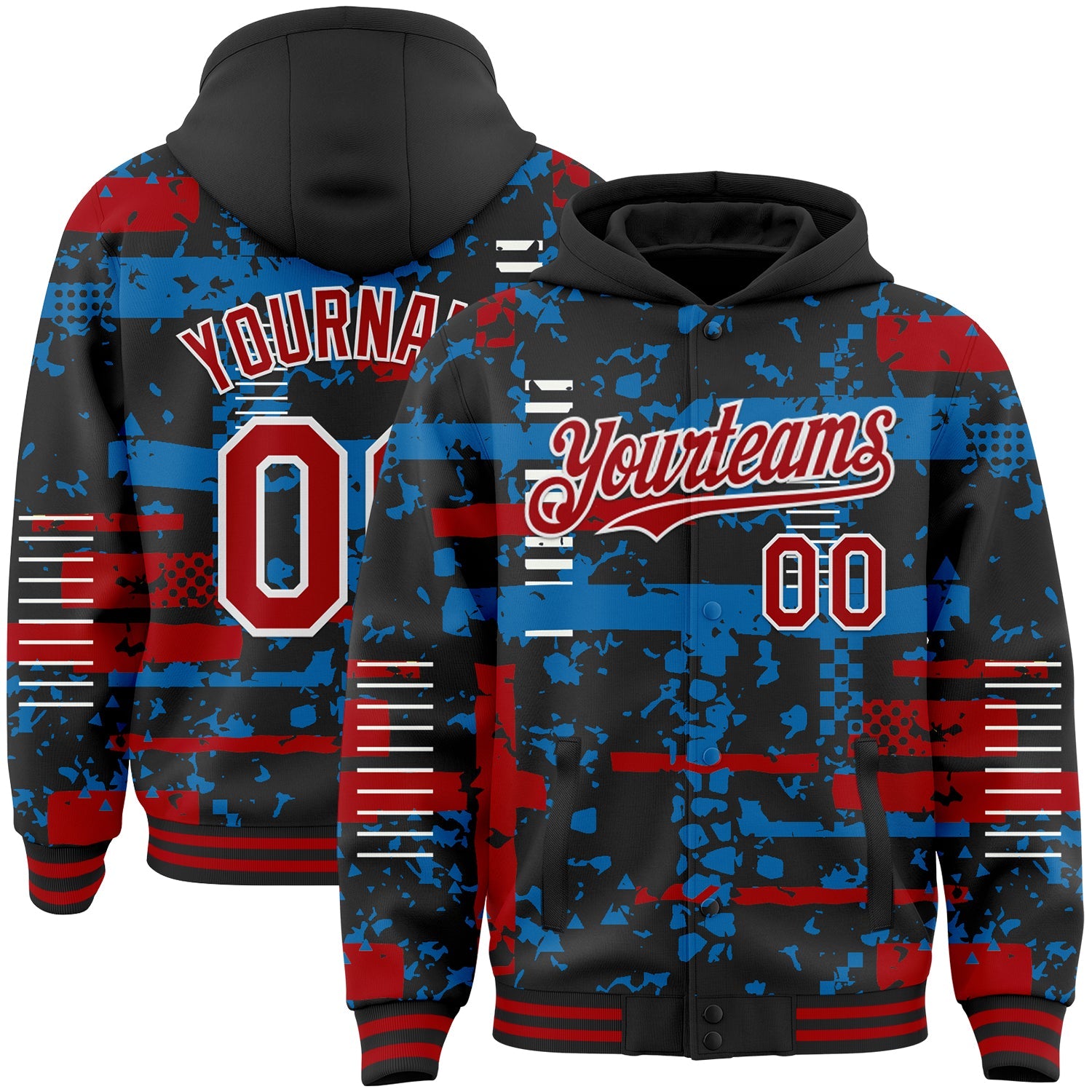 Custom Black Red Blue-White Abstract Fragment Shape Bomber Full-Snap Varsity Letterman Hoodie Jacket - Main View