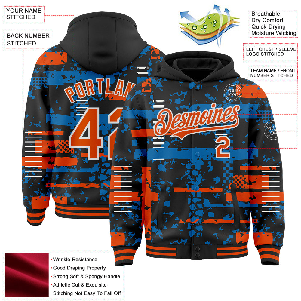 Custom Black Orange Blue-White Abstract Fragment Shape Bomber Full-Snap Varsity Letterman Hoodie Jacket view 4