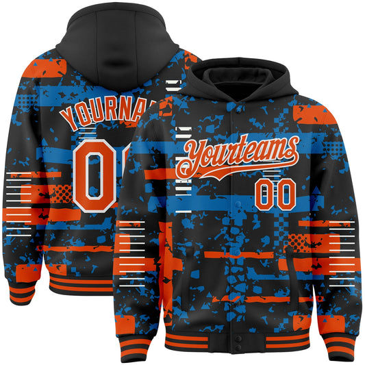Custom Black Orange Blue-White Abstract Fragment Shape Bomber Full-Snap Varsity Letterman Hoodie Jacket - Main View