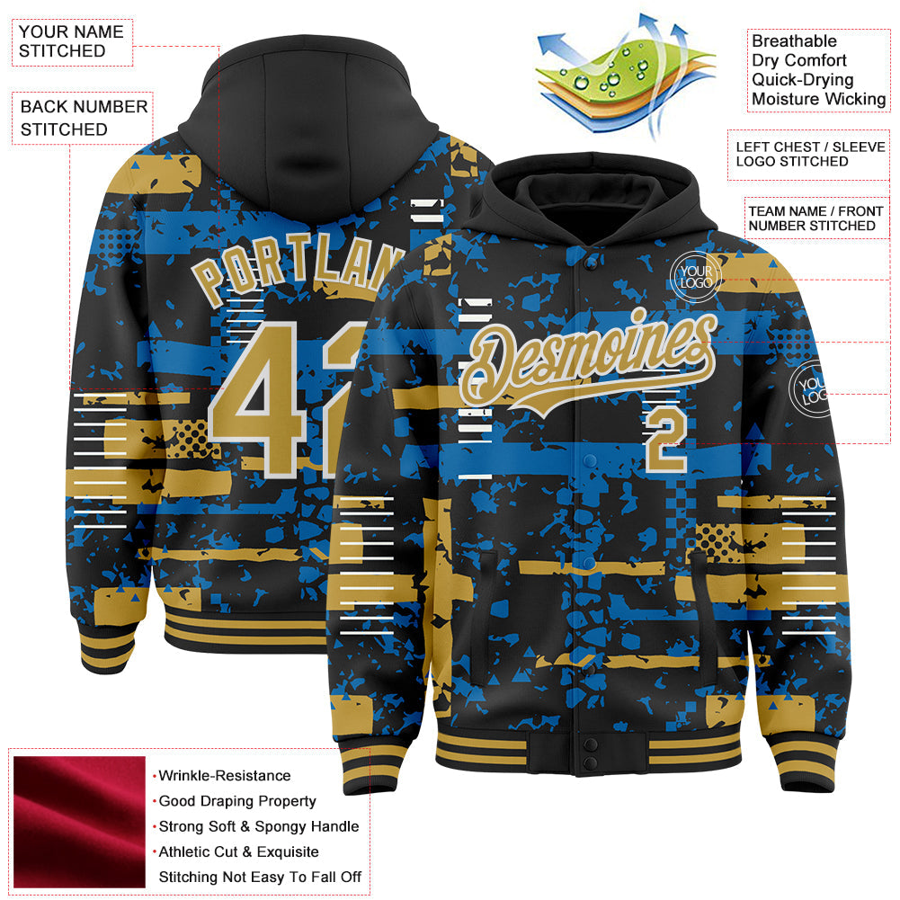 Custom Black Old Gold Blue-White Abstract Fragment Shape Bomber Full-Snap Varsity Letterman Hoodie Jacket view 4
