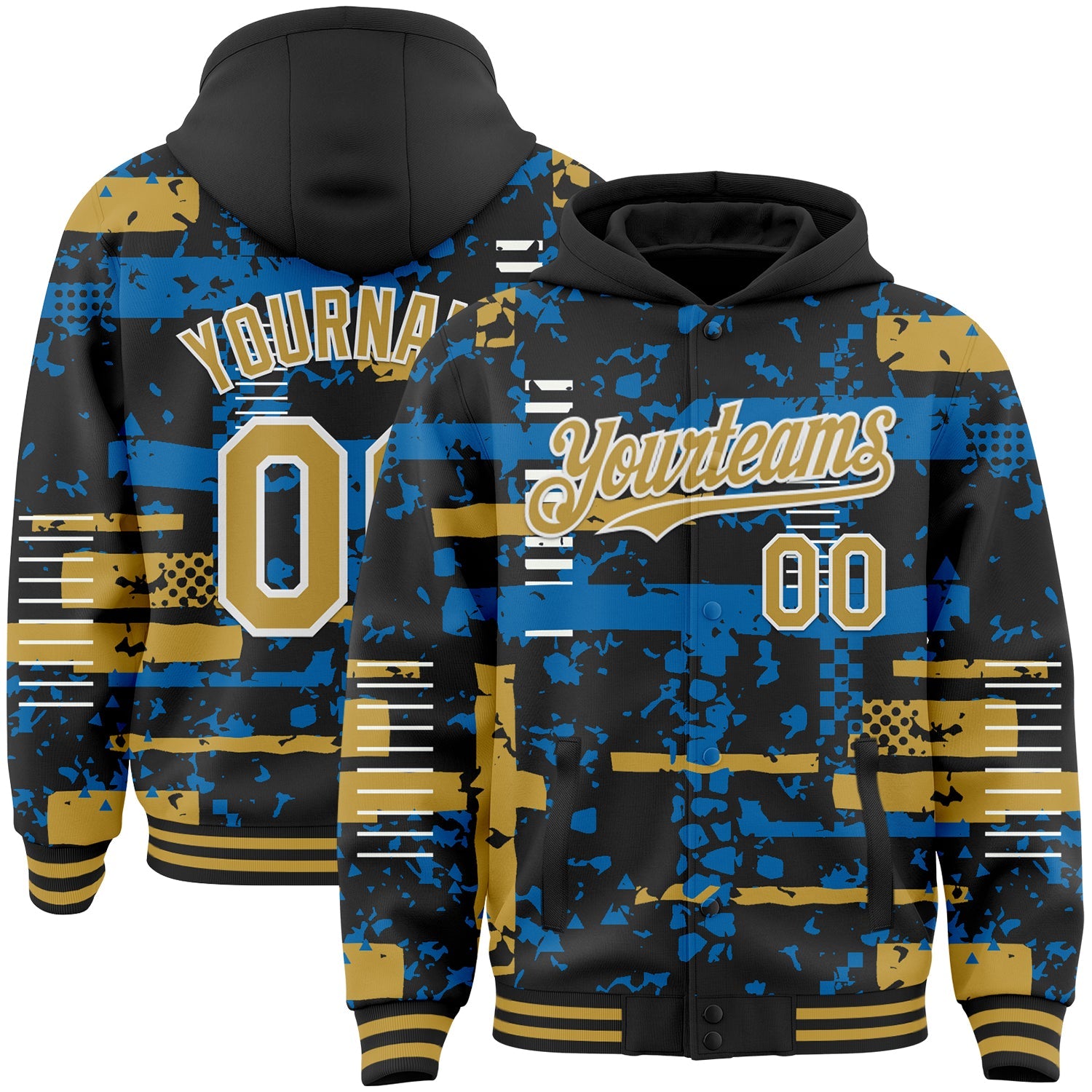 Custom Black Old Gold Blue-White Abstract Fragment Shape Bomber Full-Snap Varsity Letterman Hoodie Jacket - Main View
