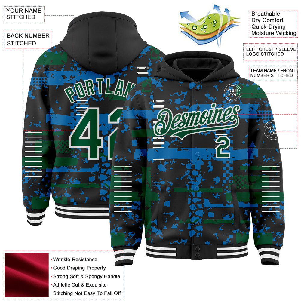 Custom Black Kelly Green Blue-White Abstract Fragment Shape Bomber Full-Snap Varsity Letterman Hoodie Jacket view 4
