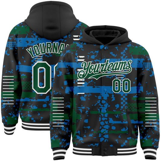 Custom Black Kelly Green Blue-White Abstract Fragment Shape Bomber Full-Snap Varsity Letterman Hoodie Jacket - Main View