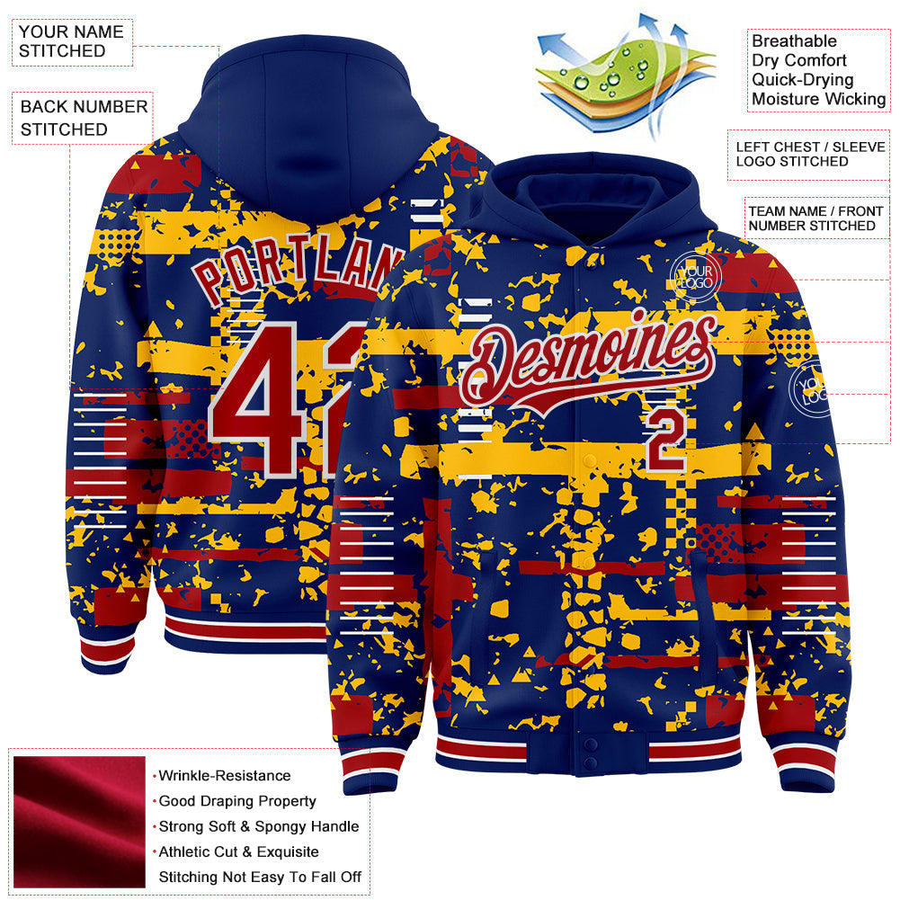 Custom Royal Red Gold-White Abstract Fragment Shape Bomber Full-Snap Varsity Letterman Hoodie Jacket view 4