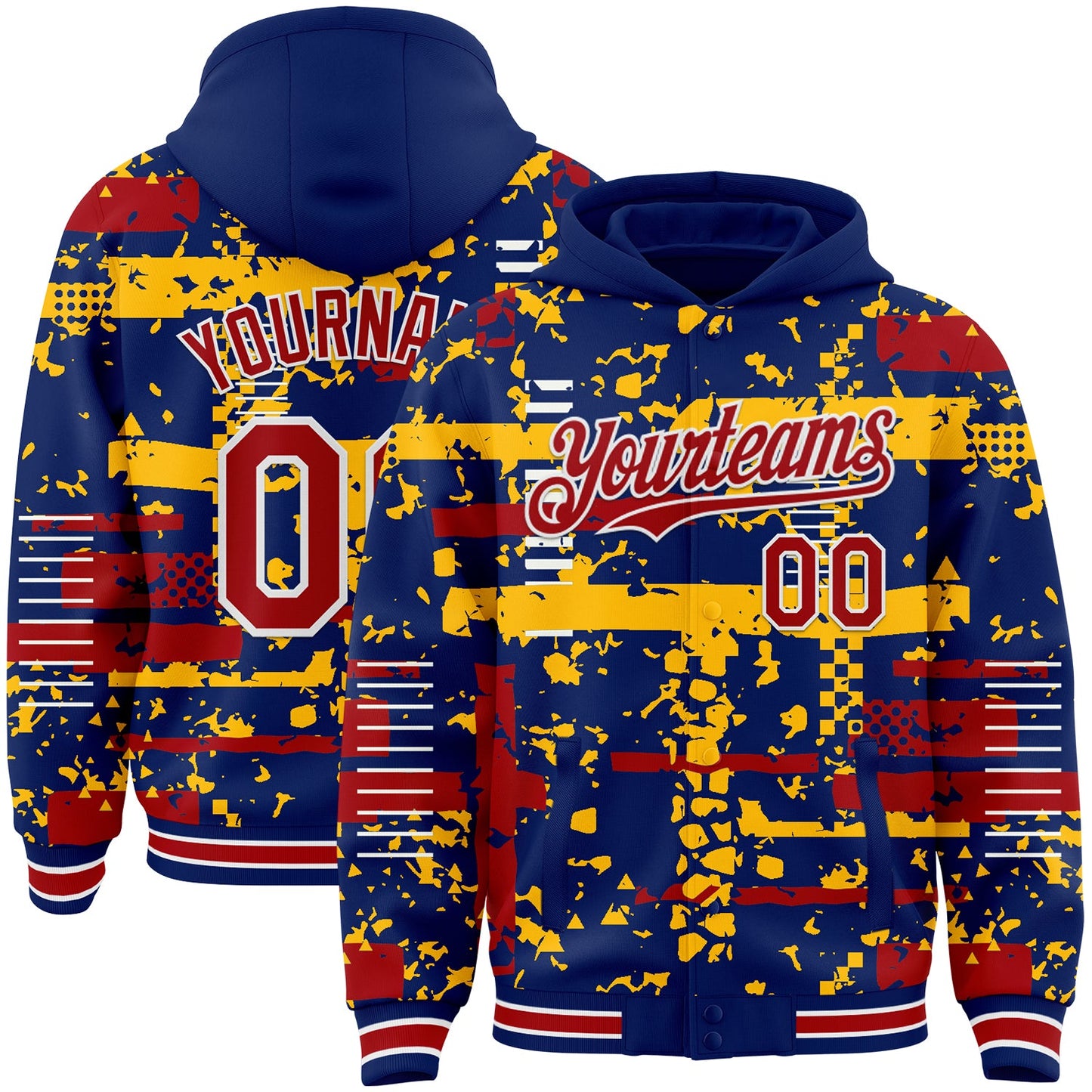 Custom Royal Red Gold-White Abstract Fragment Shape Bomber Full-Snap Varsity Letterman Hoodie Jacket - Main View