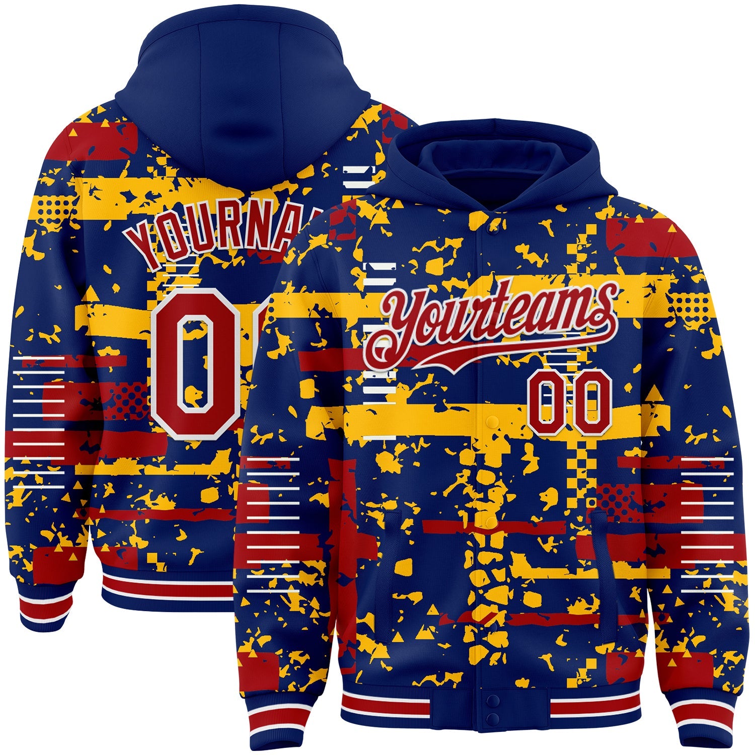 Custom Royal Red Gold-White Abstract Fragment Shape Bomber Full-Snap Varsity Letterman Hoodie Jacket - Main View