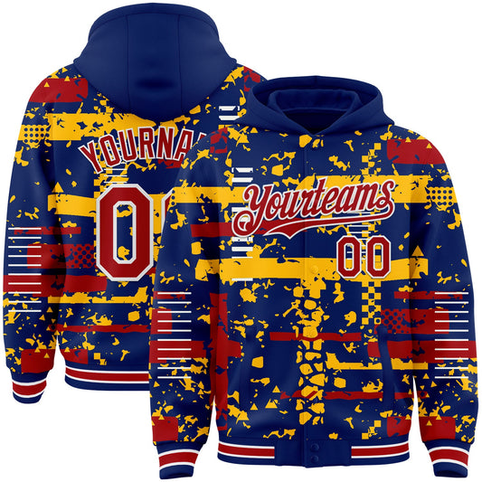 Custom Royal Red Gold-White Abstract Fragment Shape Bomber Full-Snap Varsity Letterman Hoodie Jacket - Main View