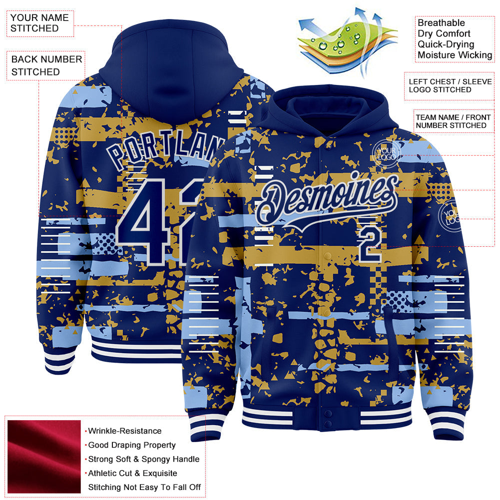 Custom Royal Light Blue Old Gold-White Abstract Fragment Shape Bomber Full-Snap Varsity Letterman Hoodie Jacket view 4