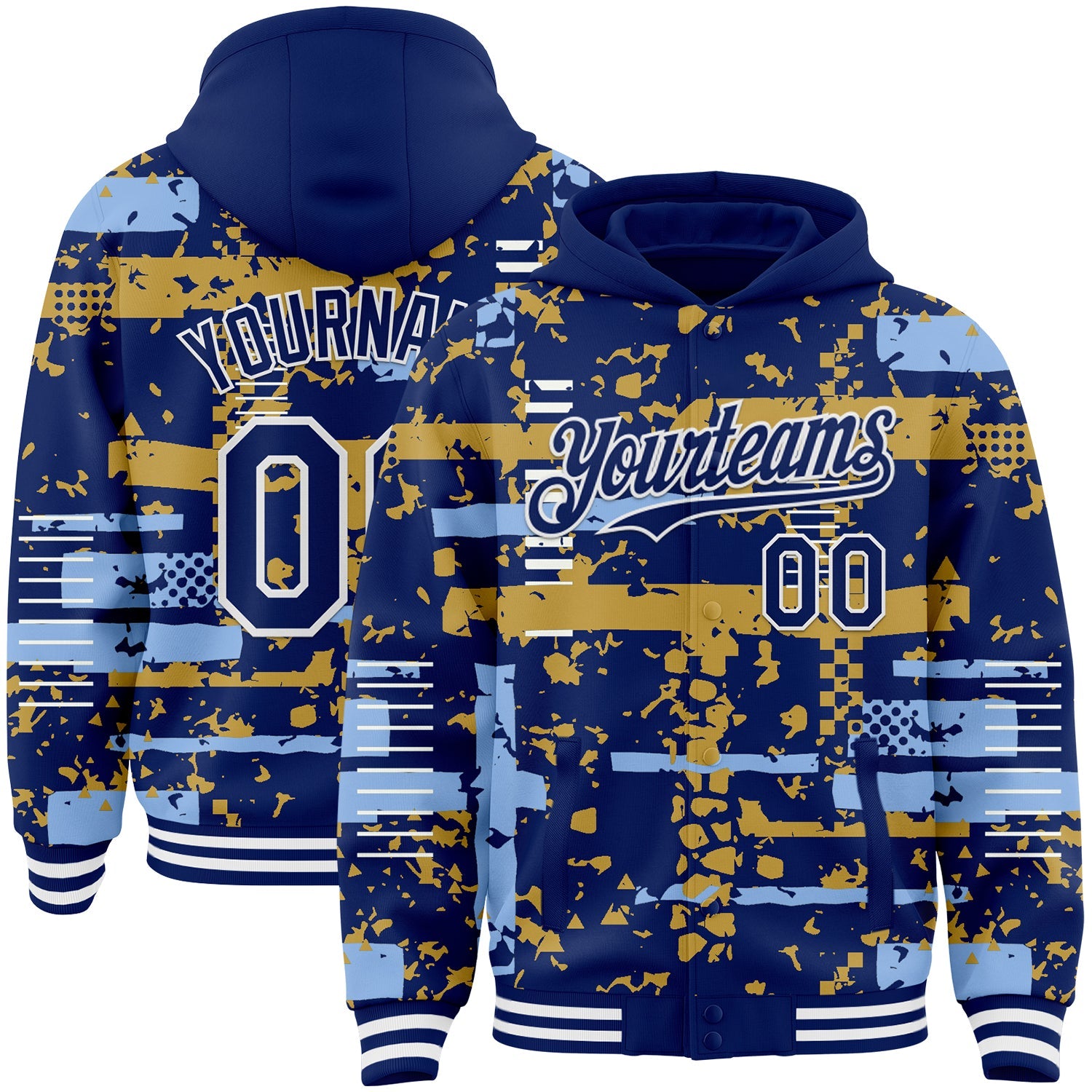 Custom Royal Light Blue Old Gold-White Abstract Fragment Shape Bomber Full-Snap Varsity Letterman Hoodie Jacket - Main View