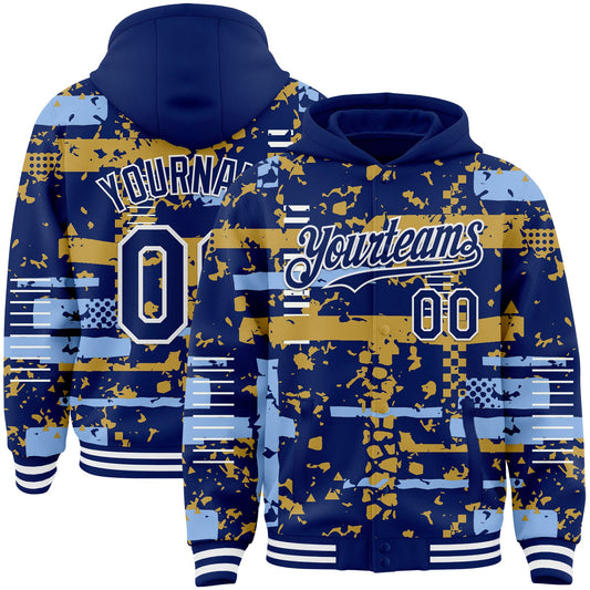Custom Royal Light Blue Old Gold-White Abstract Fragment Shape Bomber Full-Snap Varsity Letterman Hoodie Jacket - Main View