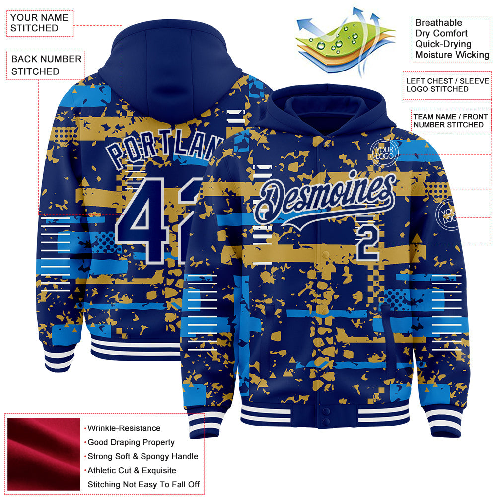 Custom Royal Powder Blue Old Gold-White Abstract Fragment Shape Bomber Full-Snap Varsity Letterman Hoodie Jacket view 4
