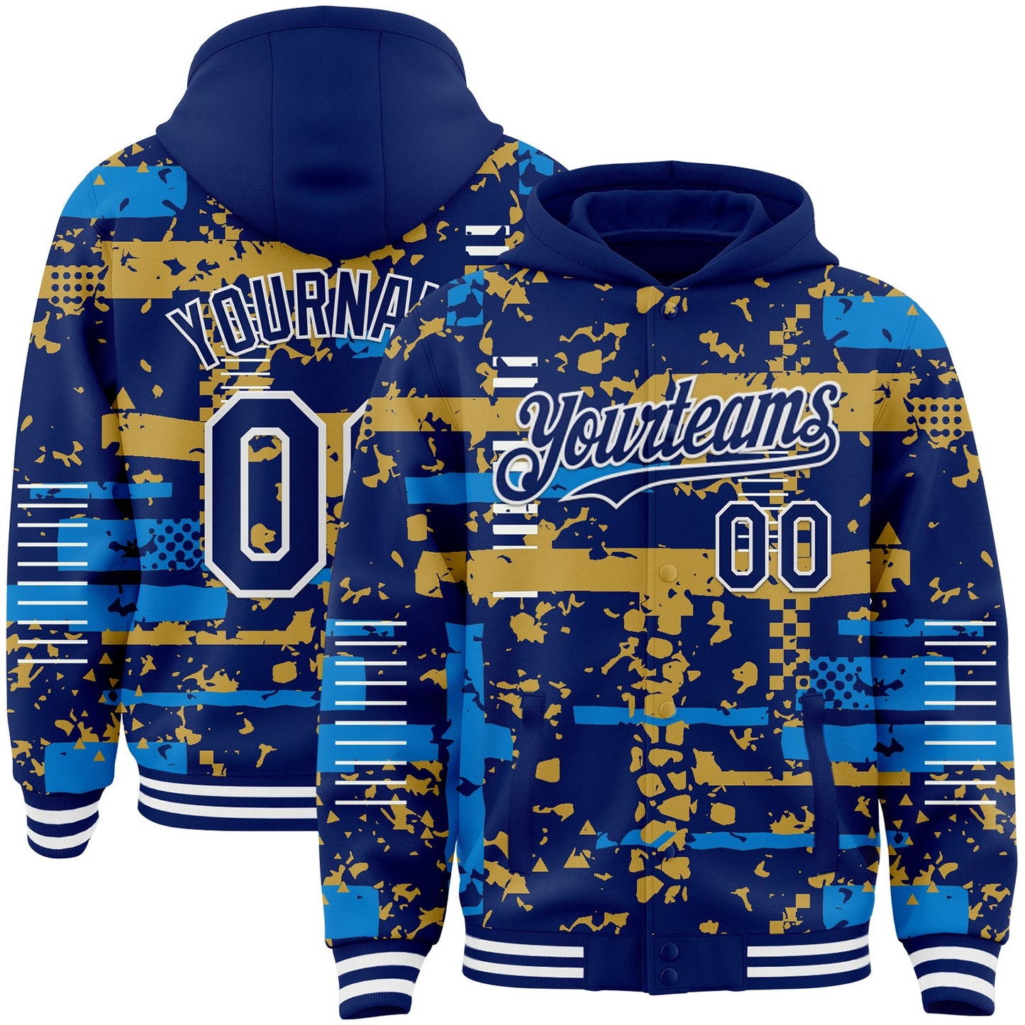 Custom Royal Powder Blue Old Gold-White Abstract Fragment Shape Bomber Full-Snap Varsity Letterman Hoodie Jacket - Main View