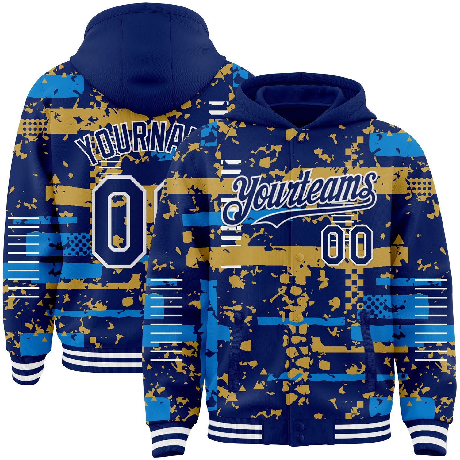 Custom Royal Powder Blue Old Gold-White Abstract Fragment Shape Bomber Full-Snap Varsity Letterman Hoodie Jacket - Main View