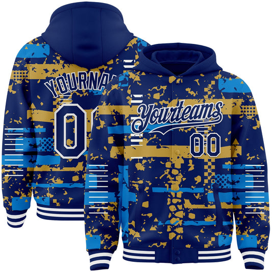 Custom Royal Powder Blue Old Gold-White Abstract Fragment Shape Bomber Full-Snap Varsity Letterman Hoodie Jacket - Main View