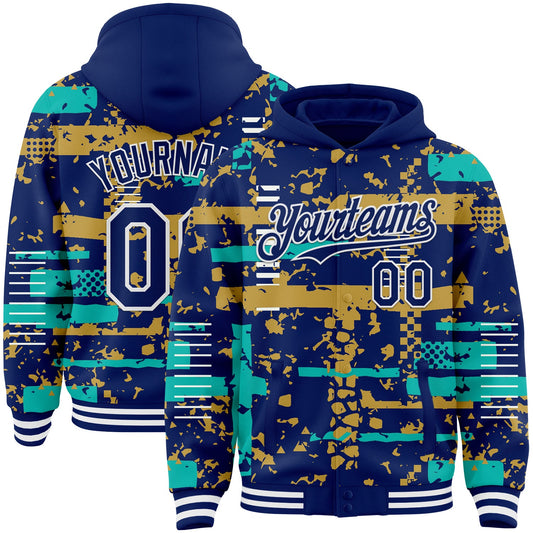 Custom Royal Aqua Old Gold-White Abstract Fragment Shape Bomber Full-Snap Varsity Letterman Hoodie Jacket - Main View