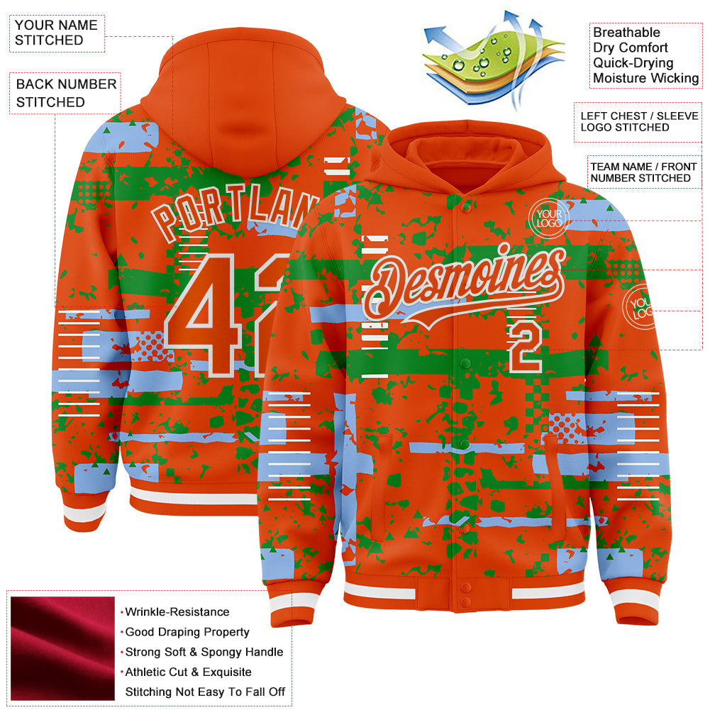 Custom Orange Light Blue Grass Green-White Abstract Fragment Shape Bomber Full-Snap Varsity Letterman Hoodie Jacket view 4