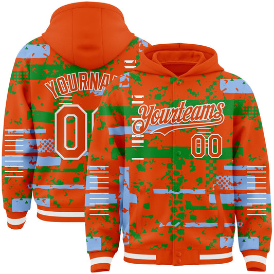 Custom Orange Light Blue Grass Green-White Abstract Fragment Shape Bomber Full-Snap Varsity Letterman Hoodie Jacket - Main View