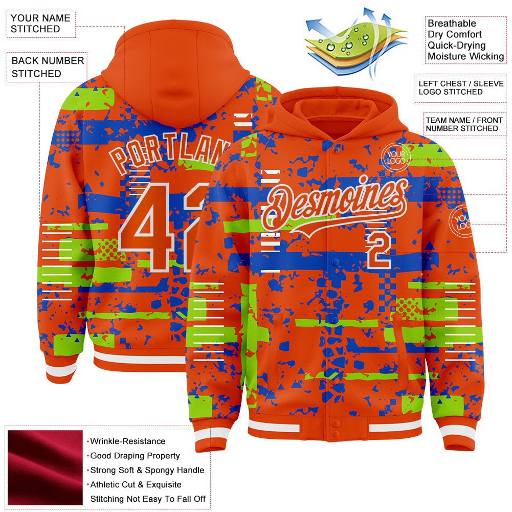 Custom Orange Neon Green Thunder Blue-White Abstract Fragment Shape Bomber Full-Snap Varsity Letterman Hoodie Jacket view 4