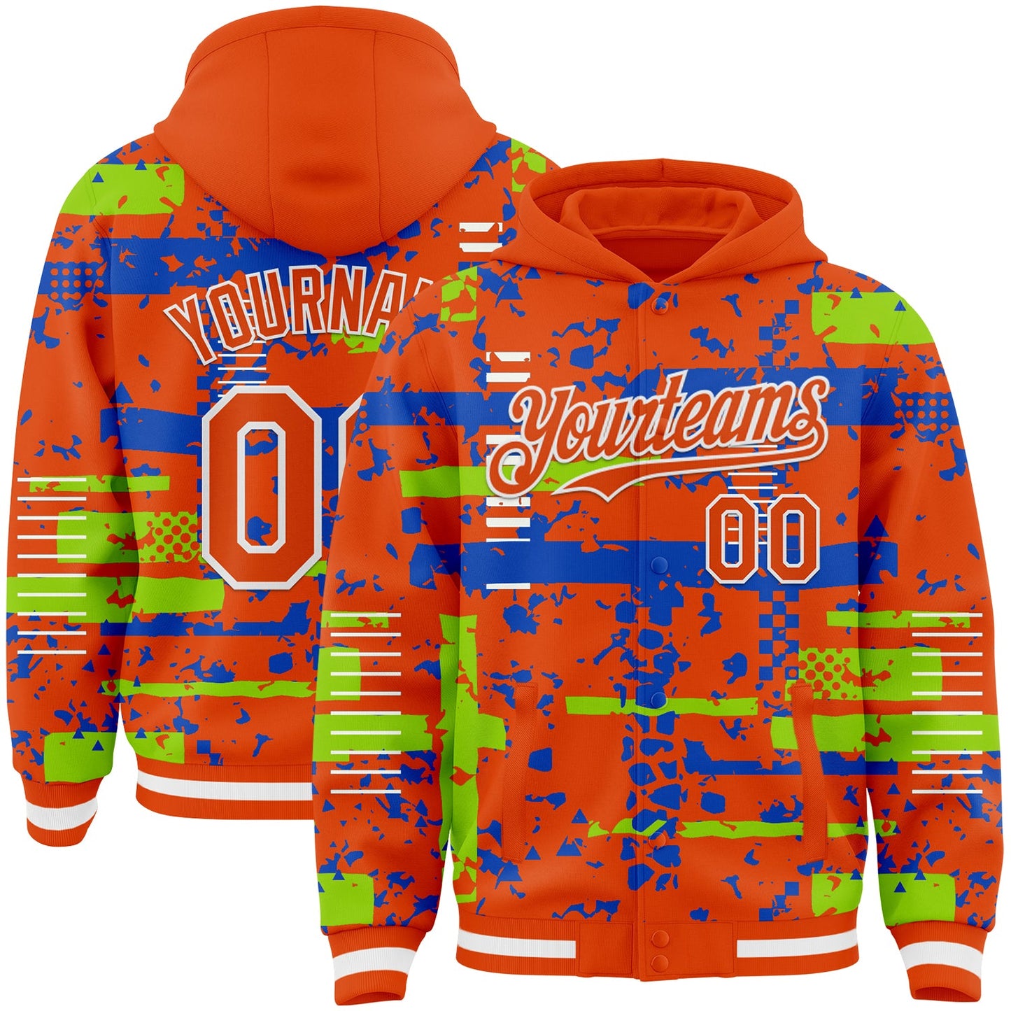 Custom Orange Neon Green Thunder Blue-White Abstract Fragment Shape Bomber Full-Snap Varsity Letterman Hoodie Jacket - Main View