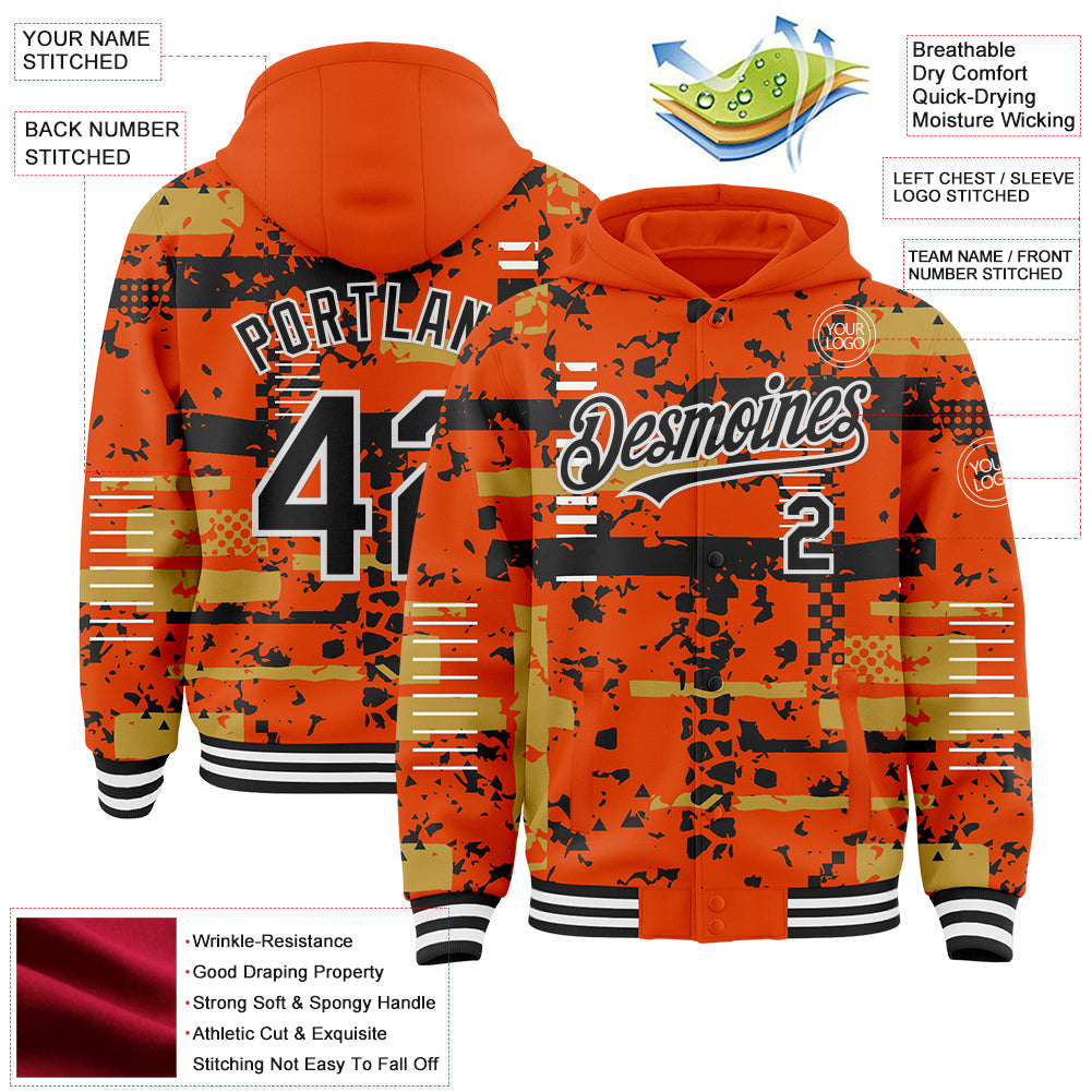 Custom Orange Black Old Gold-White Abstract Fragment Shape Bomber Full-Snap Varsity Letterman Hoodie Jacket view 4