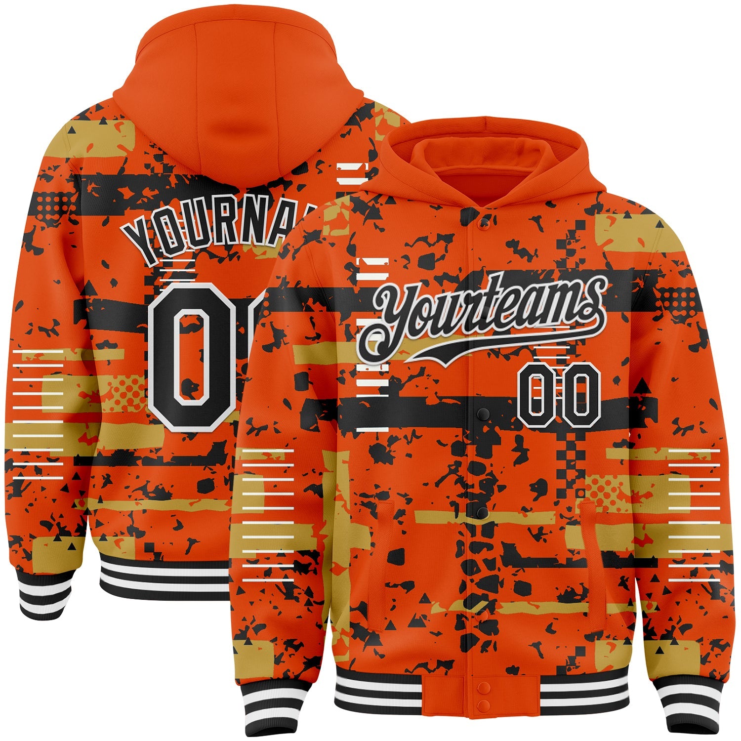 Custom Orange Black Old Gold-White Abstract Fragment Shape Bomber Full-Snap Varsity Letterman Hoodie Jacket - Main View