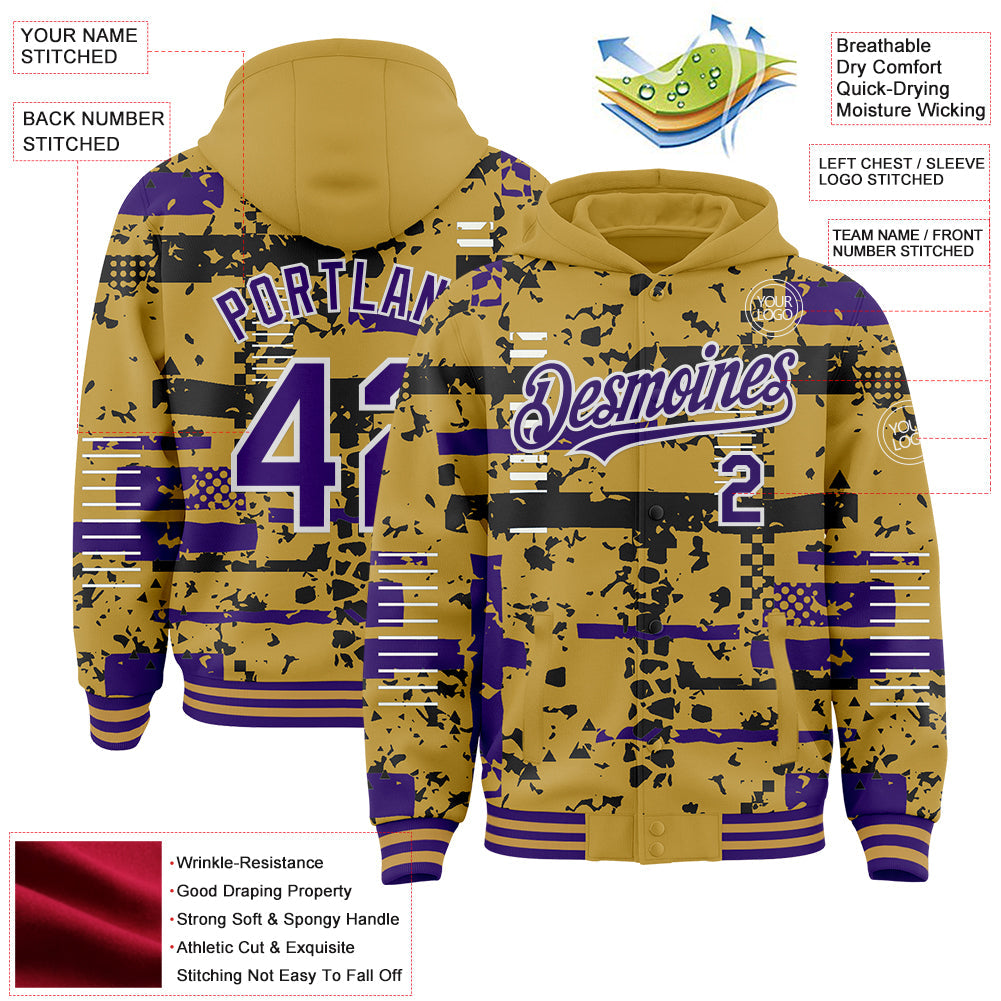 Custom Old Gold Purple Black-White Abstract Fragment Shape Bomber Full-Snap Varsity Letterman Hoodie Jacket view 4