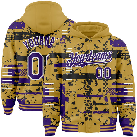 Custom Old Gold Purple Black-White Abstract Fragment Shape Bomber Full-Snap Varsity Letterman Hoodie Jacket - Main View
