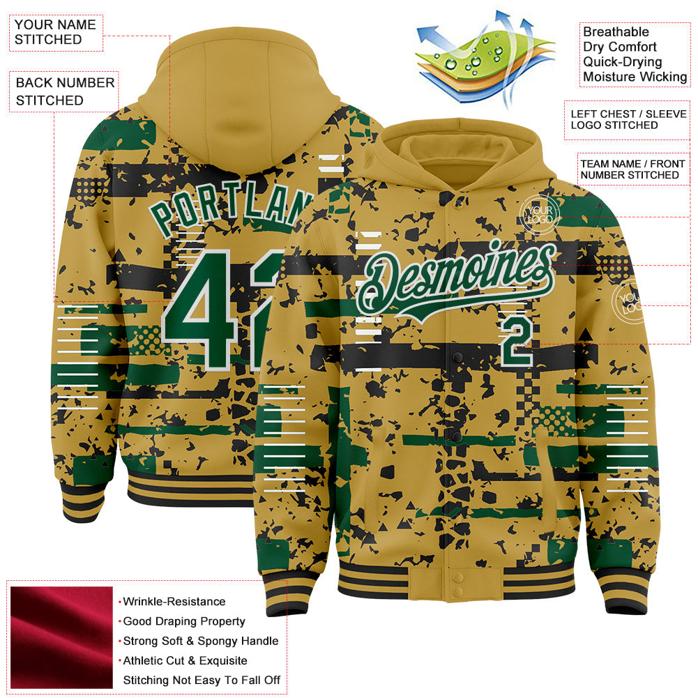 Custom Old Gold Kelly Green Black-White Abstract Fragment Shape Bomber Full-Snap Varsity Letterman Hoodie Jacket view 4