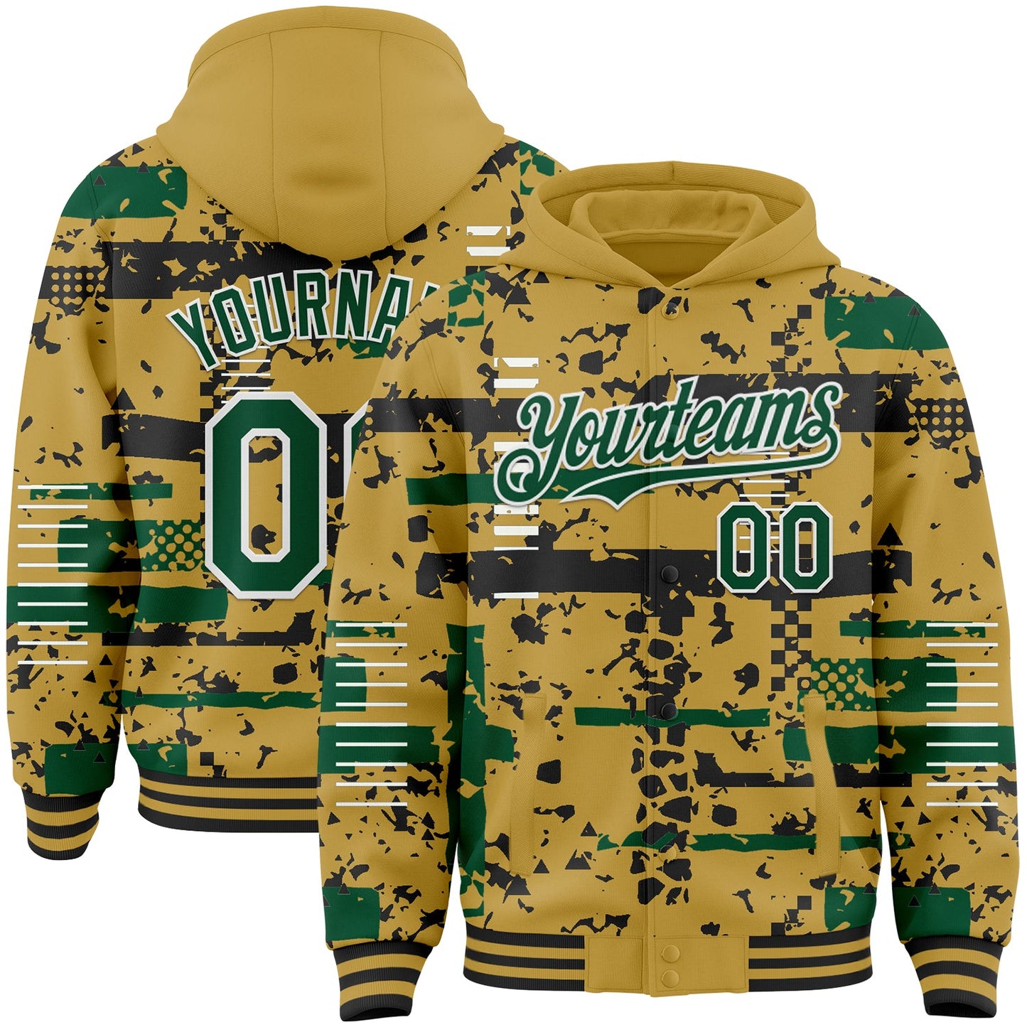 Custom Old Gold Kelly Green Black-White Abstract Fragment Shape Bomber Full-Snap Varsity Letterman Hoodie Jacket - Main View