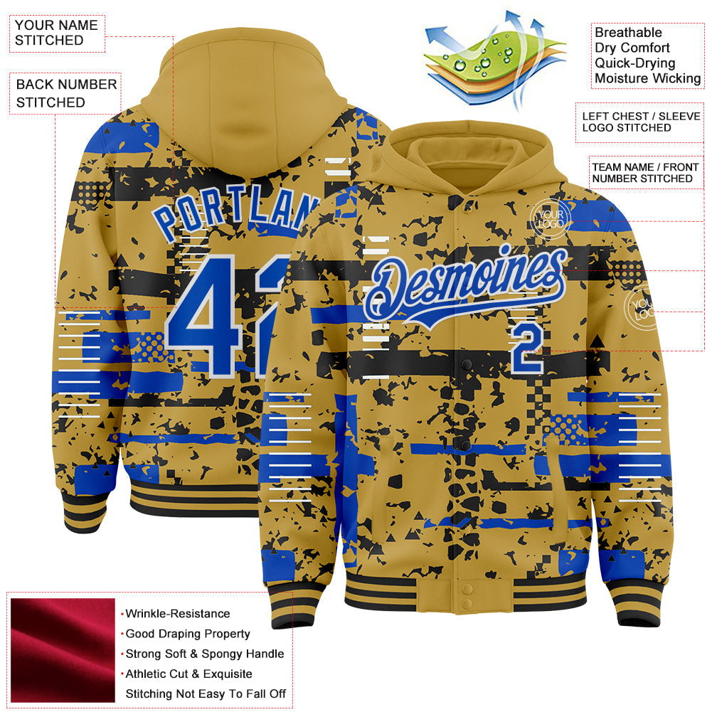 Custom Old Gold Thunder Blue Black-White Abstract Fragment Shape Bomber Full-Snap Varsity Letterman Hoodie Jacket view 4