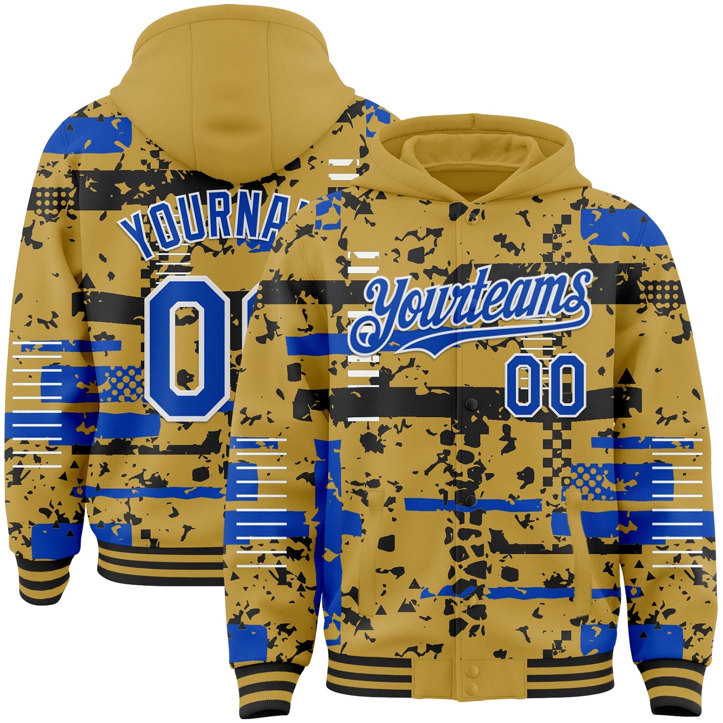 Custom Old Gold Thunder Blue Black-White Abstract Fragment Shape Bomber Full-Snap Varsity Letterman Hoodie Jacket - Main View