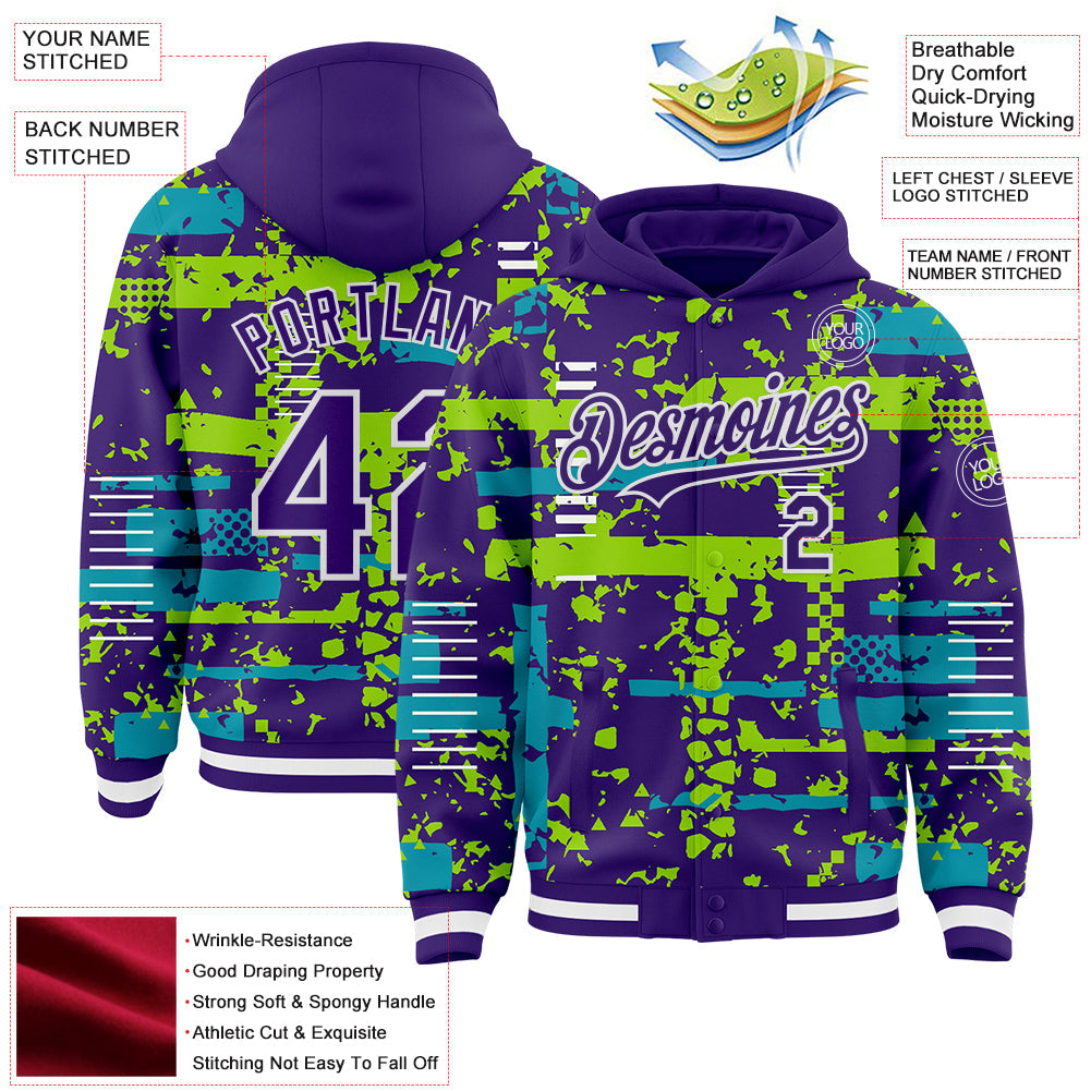 Custom Purple Teal Neon Green-White Abstract Fragment Shape Bomber Full-Snap Varsity Letterman Hoodie Jacket view 4