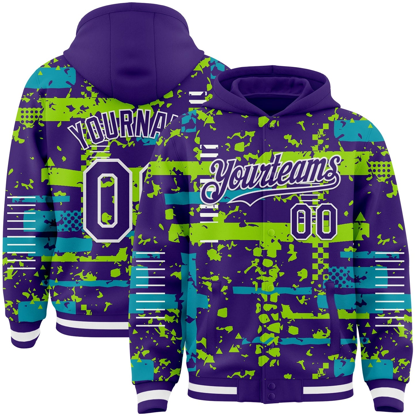 Custom Purple Teal Neon Green-White Abstract Fragment Shape Bomber Full-Snap Varsity Letterman Hoodie Jacket - Main View