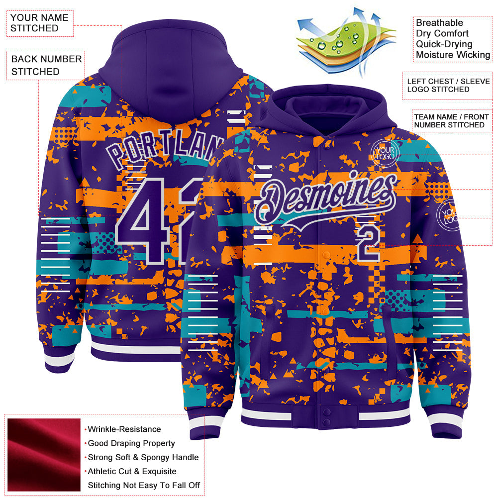 Custom Purple Teal Bay Orange-White Abstract Fragment Shape Bomber Full-Snap Varsity Letterman Hoodie Jacket view 4