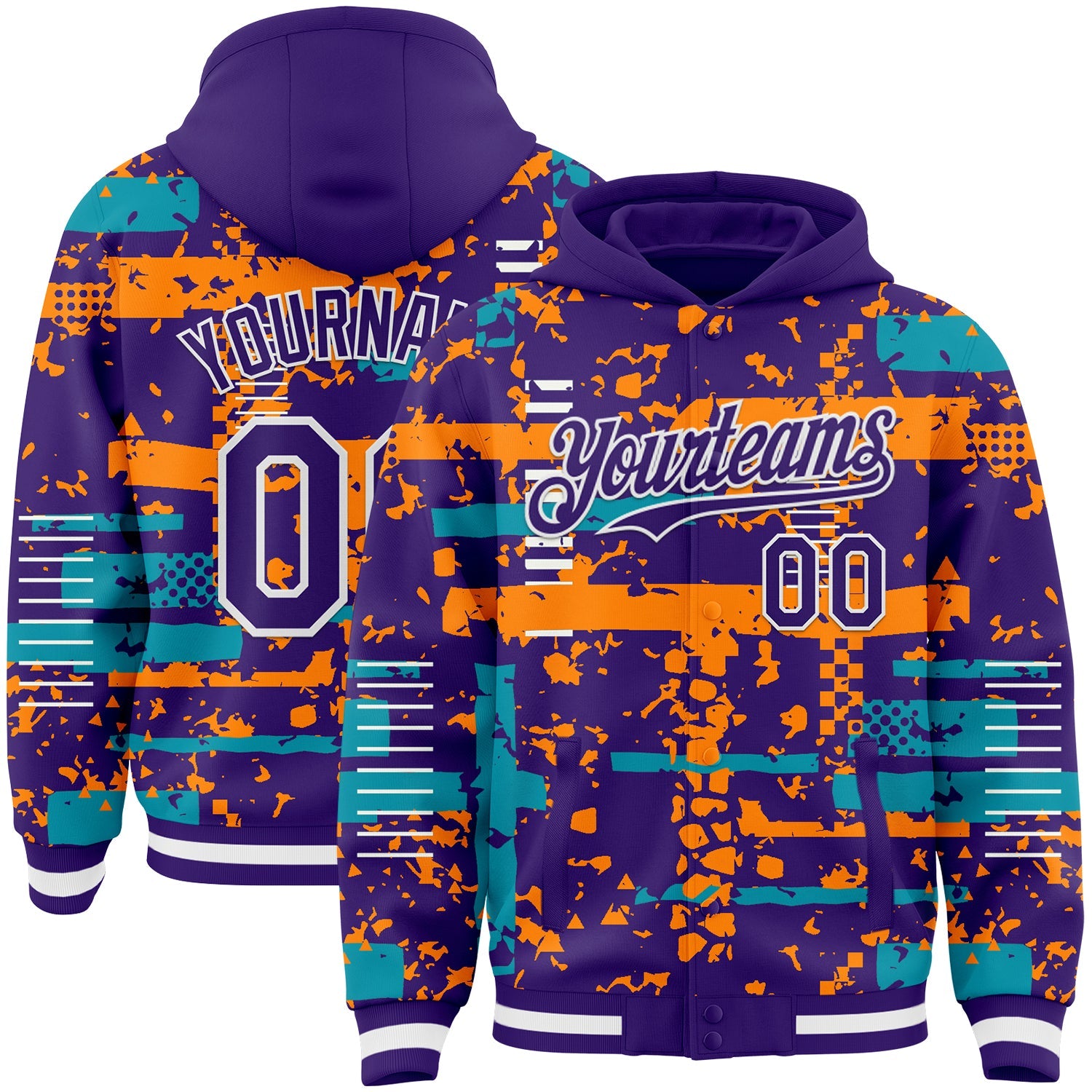 Custom Purple Teal Bay Orange-White Abstract Fragment Shape Bomber Full-Snap Varsity Letterman Hoodie Jacket - Main View