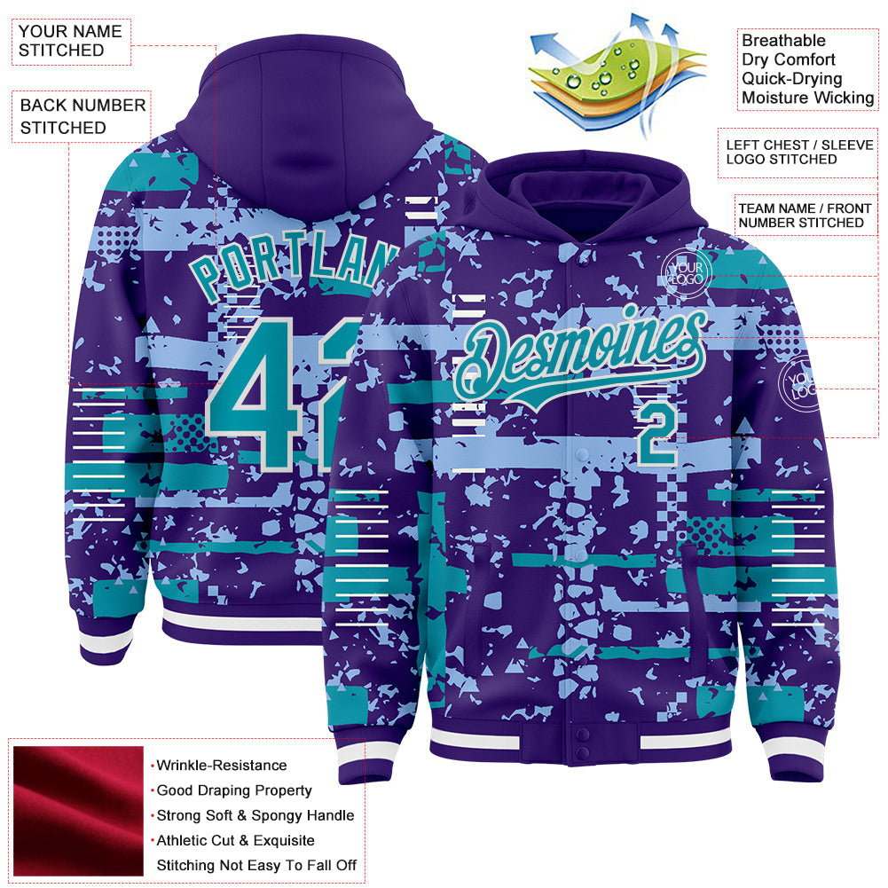 Custom Purple Teal Light Blue-White Abstract Fragment Shape Bomber Full-Snap Varsity Letterman Hoodie Jacket view 4
