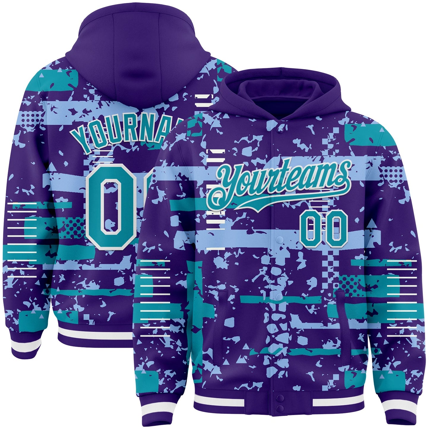Custom Purple Teal Light Blue-White Abstract Fragment Shape Bomber Full-Snap Varsity Letterman Hoodie Jacket - Main View